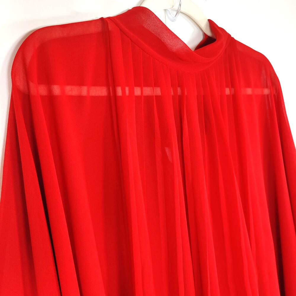 Zara Studio Sheer Tie Back Mock Neck Blouse Blood Red Asymmetrical Hem M - Picture 2 of 7